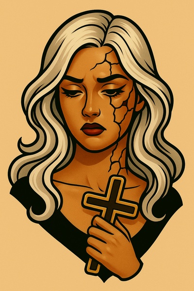 Artistic Portrait of a Girl with a Cross and Cracked Skin