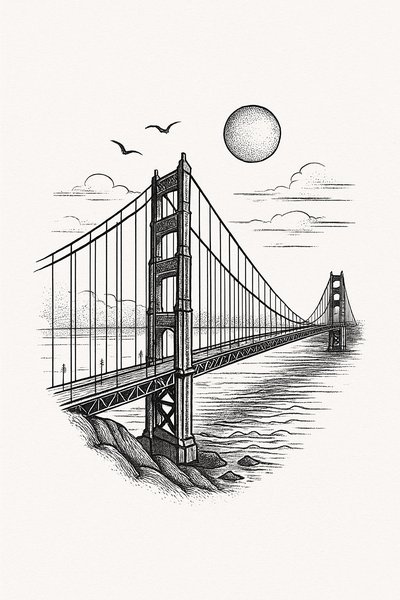 Illustrated depiction of a bridge with scenic elements