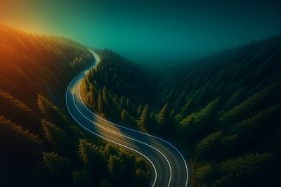 Aerial View of Winding Mountain Road in Lush Green Forest