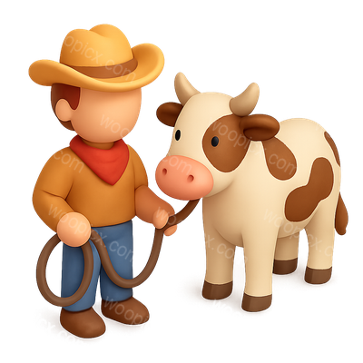 3D Animal Wrangler Icon with Cow in Volumetric Style