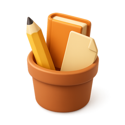 Colorful 3D Icon of a Pot with Stationery Items