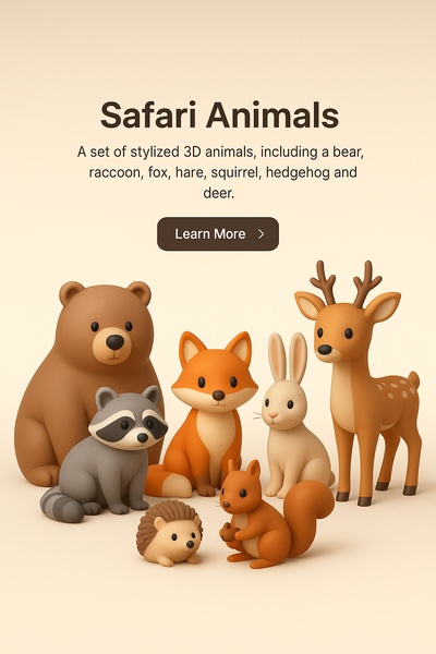 Stylized 3D Safari Animals Illustration for Kids