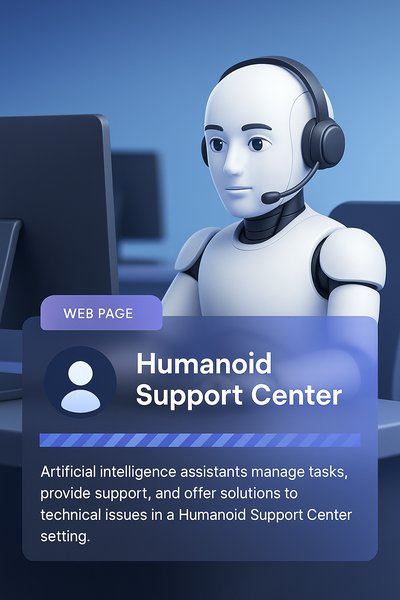 Futuristic Office with AI Robot at Computer