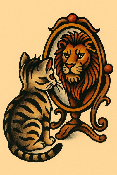 Kitten Gazing at Its Lion Reflection in a Mirror