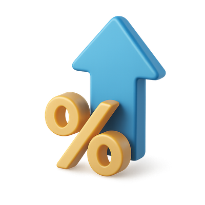 3D Growth Icon with Arrow and Percentage Symbol
