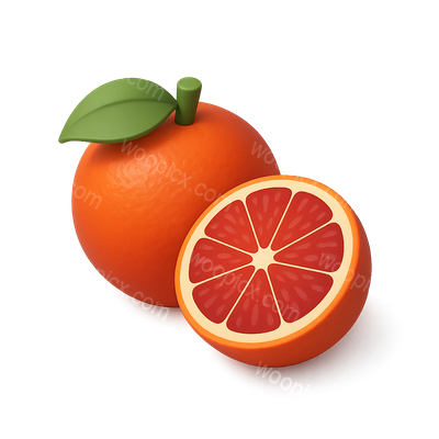 Stylized 3D Blood Orange Icon with Leaf and Slice