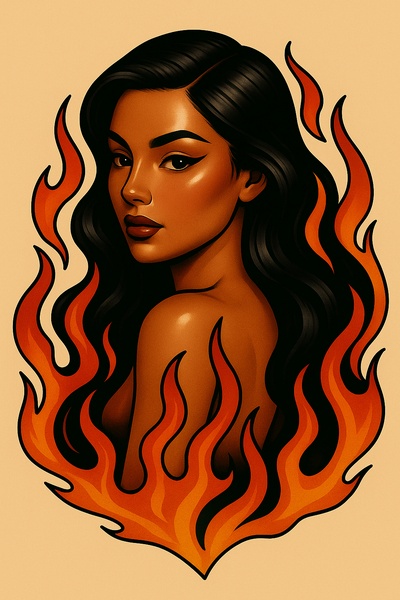 Stylized Illustration of a Girl Surrounded by Flames