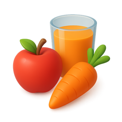 Colorful 3D Icons of Apple, Carrot, and Drink