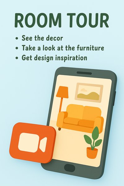 Room Tour Promotional Graphic Featuring Mobile Device and Decor Elements