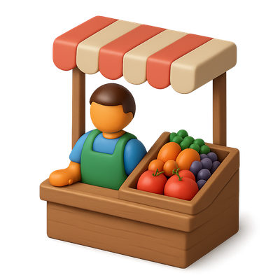 3D Market Vendor Icon with Fruits and Vegetables
