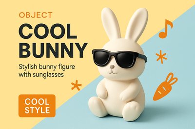 Stylish Bunny Advertisement with Sunglasses and Colorful Background