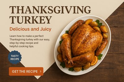 Thanksgiving Turkey on Rustic Table with Recipe Call to Action