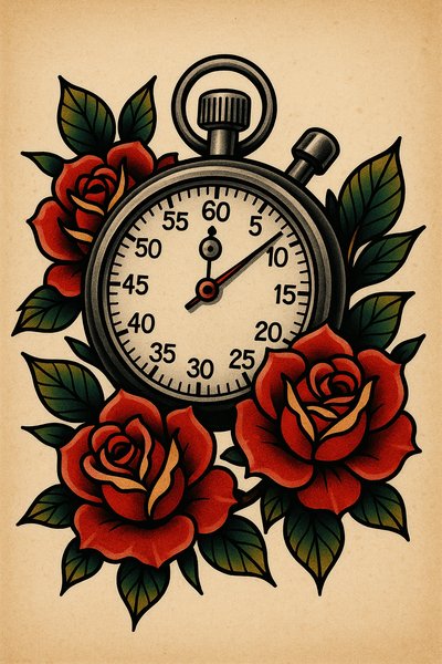Vintage stopwatch surrounded by roses in a tattoo style