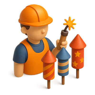3D Fireworks Technician Icon with Colorful Fireworks