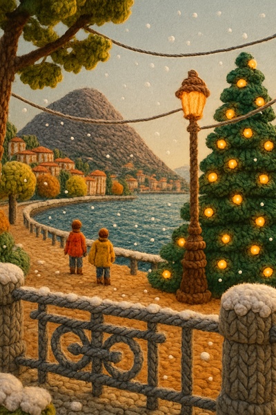 Charming Knit Scene of Lugano Lakefront with Festive Atmosphere