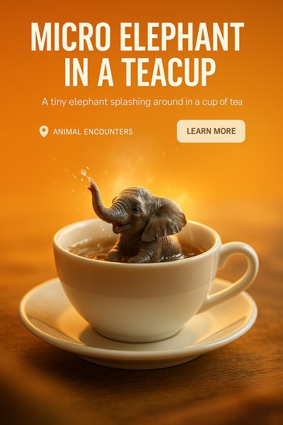 A whimsical scene of a tiny elephant playing in a teacup