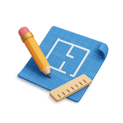 3D Blueprint Icon with Pencil and Ruler in Isometric View