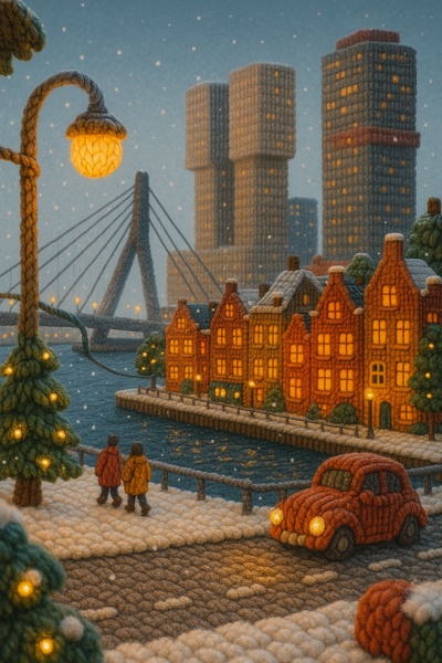 Whimsical Woolen Rotterdam Waterfront Scene