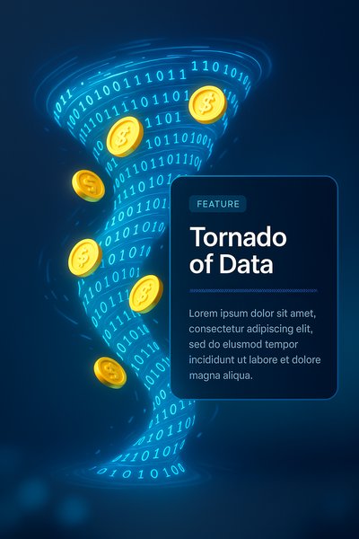 Tornado of Data with Glowing Coins and Features Block