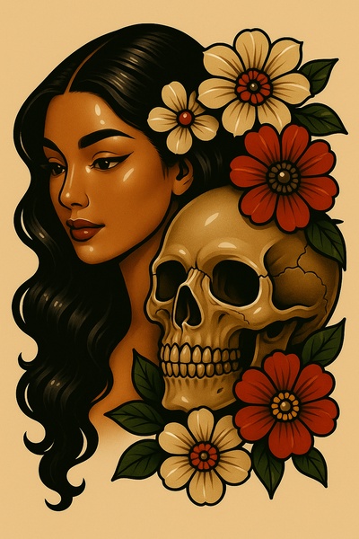 Stylized Portrait of a Woman with Floral Skull