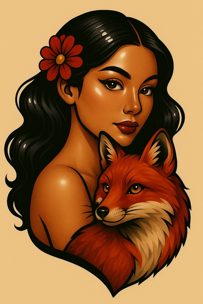Glossy Tattoo Composition Featuring a Girl and a Fox