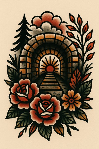 Colorful Tunnel Illustration with Floral Elements