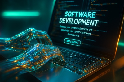Hyper-Realistic Tech Glow in Software Development Scene