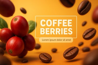 Vibrant Coffee Berries Visual with Floating Coffee Beans