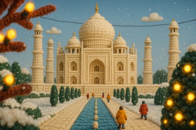 Taj Mahal Crafted from Yarn in a Festive Scene