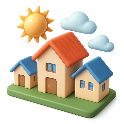 Colorful 3D Icon of Houses with Sun and Clouds