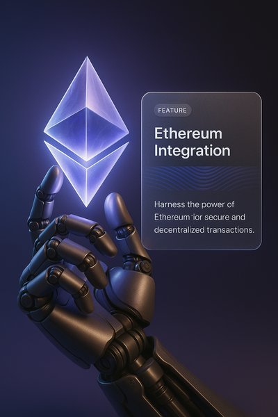 Robotic Hand Holding Glowing Ethereum Crystal with Feature Block