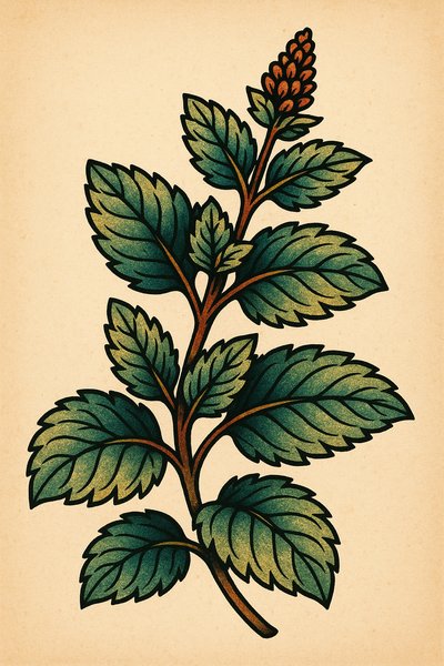 Illustration of a Green Herb with Leaves and Flower