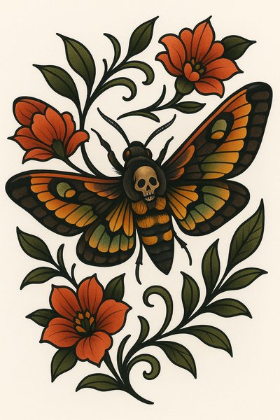 Intricate Tattoo Design Featuring a Skull Butterfly and Floral Elements