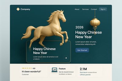 Festive New Year Landing Page Design with 3D Horse Illustration