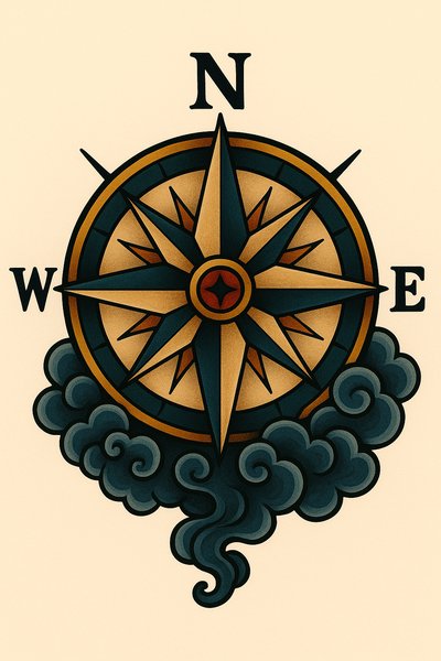 Artistic Compass Design with Clouds and Cardinal Directions
