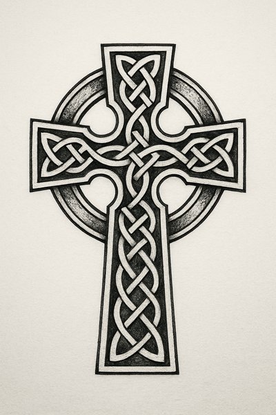 Intricate Black and White Celtic Knot Cross Design
