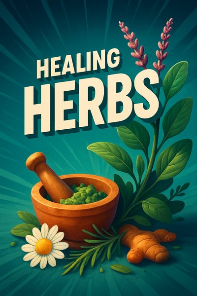 Dynamic Illustration of Healing Herbs with Mortar and Pestle