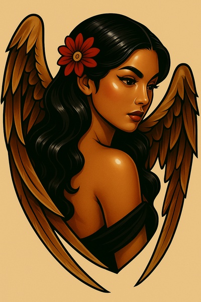 Stylized Angelic Figure with Wings and Flower