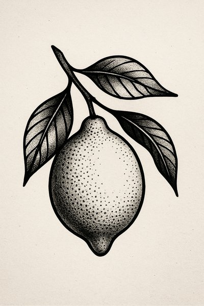 Detailed Black and White Illustration of a Lemon