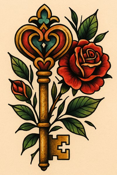 Artistic illustration of a key and rose in a vintage style