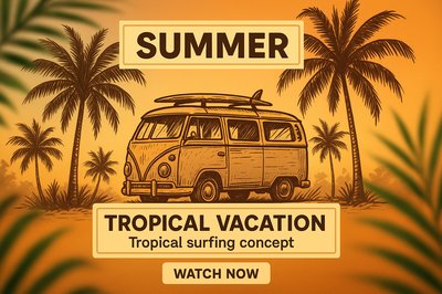 Tropical Vacation Promotion with Retro Van and Palm Trees