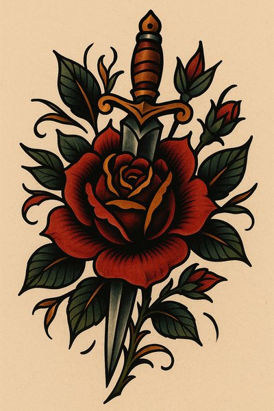 Bold tattoo design featuring a rose and dagger illustration