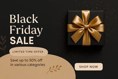 Black Friday Sale with Gift Box and Golden Ribbon