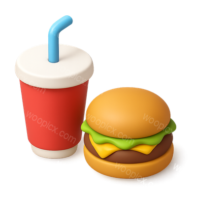 Colorful 3D Drink and Hamburger Icon for Fast Food