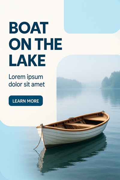 Modern Boat on Tranquil Lake Scene with Clear Typography