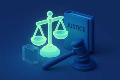Glowing 3D Justice Icon with Scales and Gavel