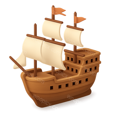 Stylized 3D Ship Icon with Sails and Flags