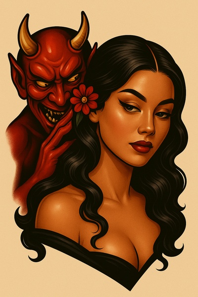 Enchanting Woman and Whispering Demon in Tattoo Style