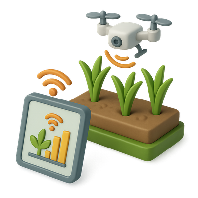 Modern 3D Agriculture Icon Featuring Drone and Data Visualization