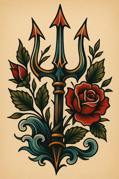 Colorful Tattoo Design Featuring a Trident and Roses